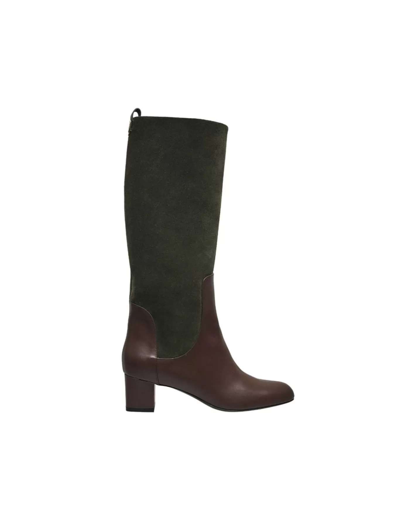 Ines De La Fressange Paris Bottes hautes à talon, cuirs vert et chocolat