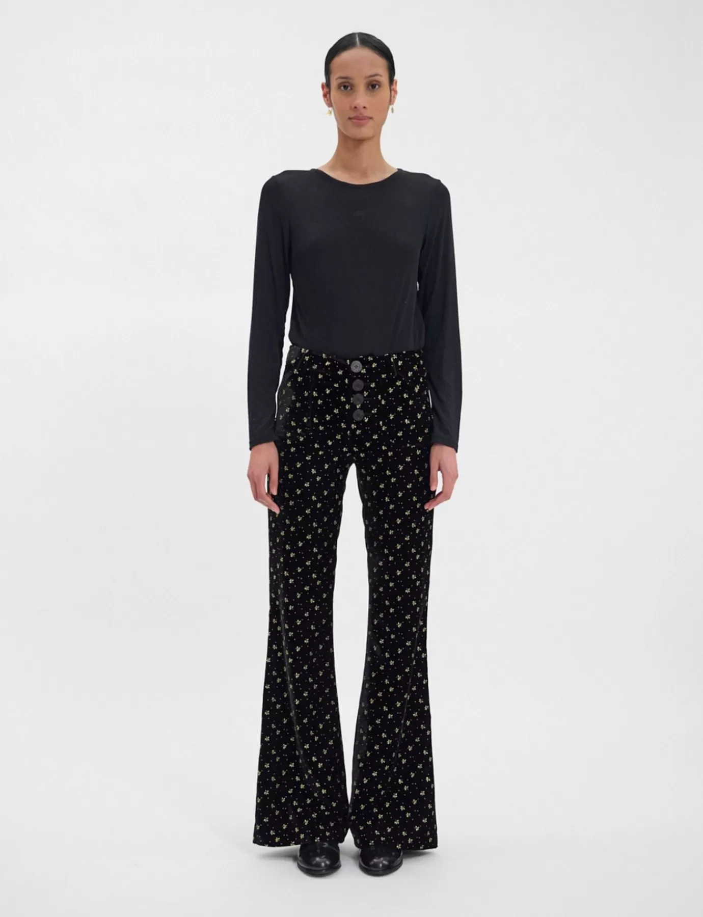 Ines De La Fressange Paris Pantalon Charlotte en velours lisse noir, imprimé doré