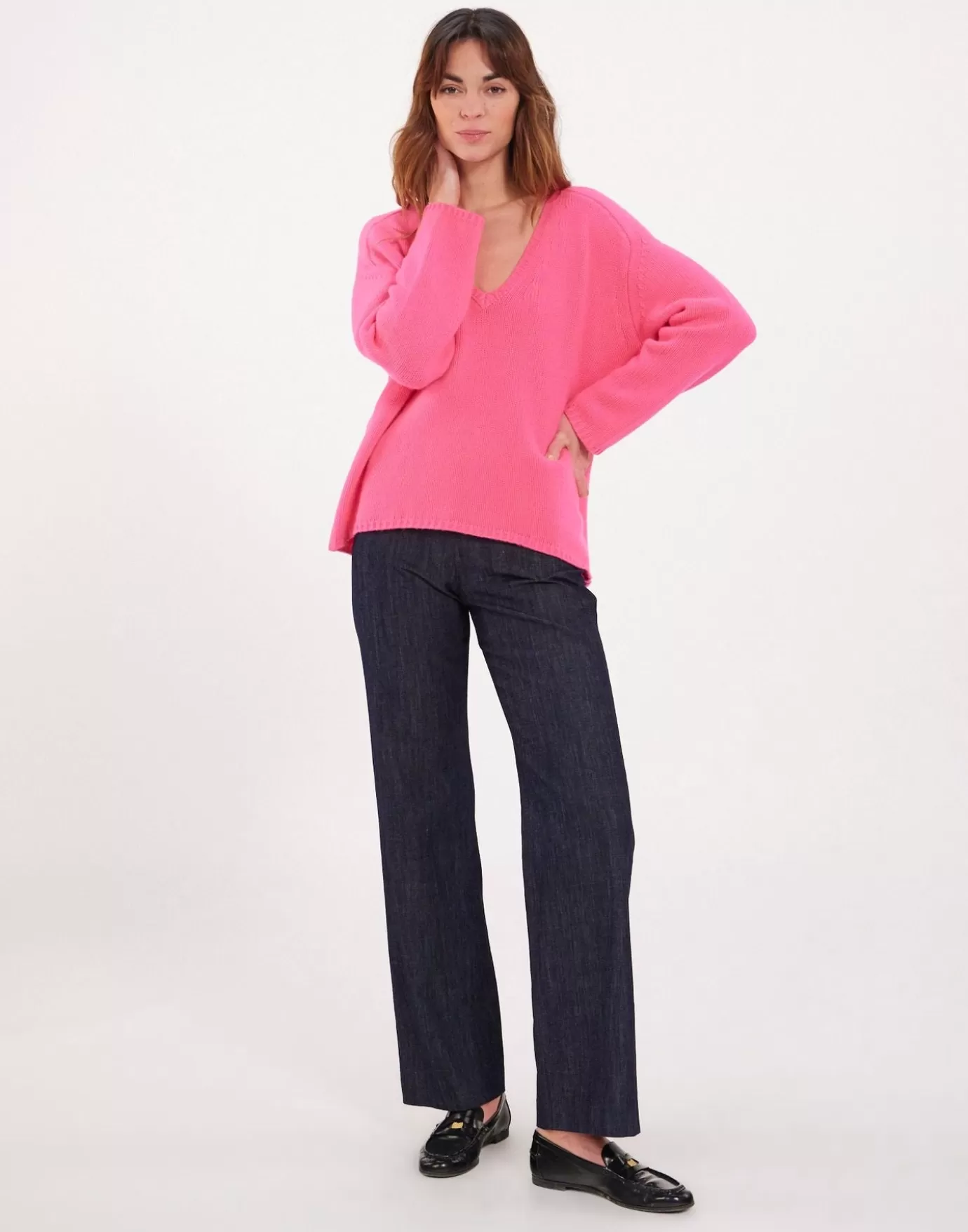 Ines De La Fressange Paris Pull cachemire fuchsia col V manches marteau x Notshy