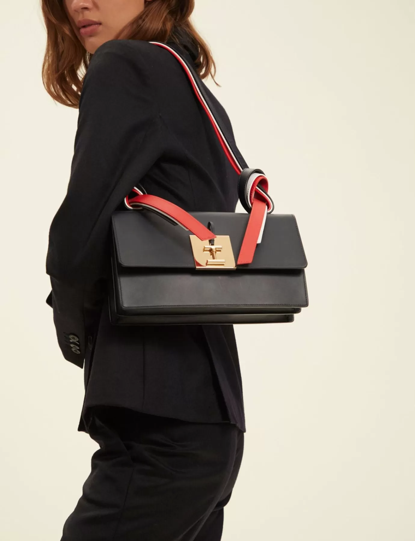 Femme Ines De La Fressange Paris Sac à main Béatrice baguette noir, bandoulière tricolore
